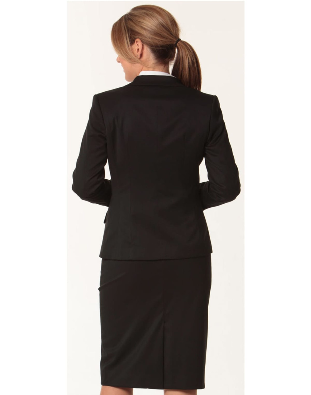 A black women's one-button cropped jacket made from poly/viscose stretch, featuring a tailored fit.