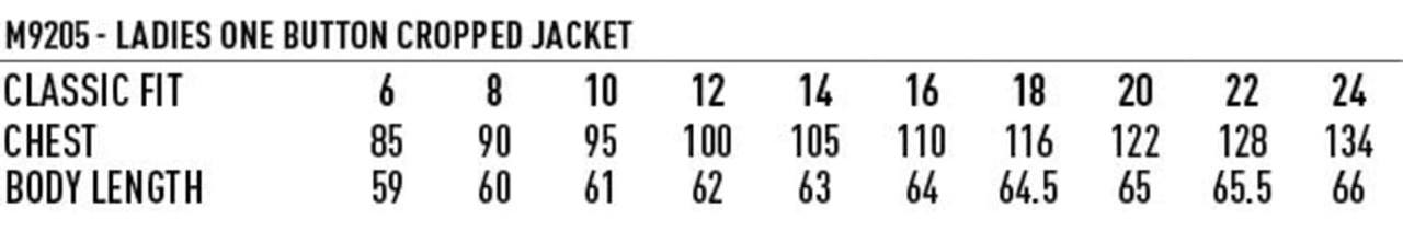 A table displaying size measurements for a women's one button cropped jacket, including chest and body length details.