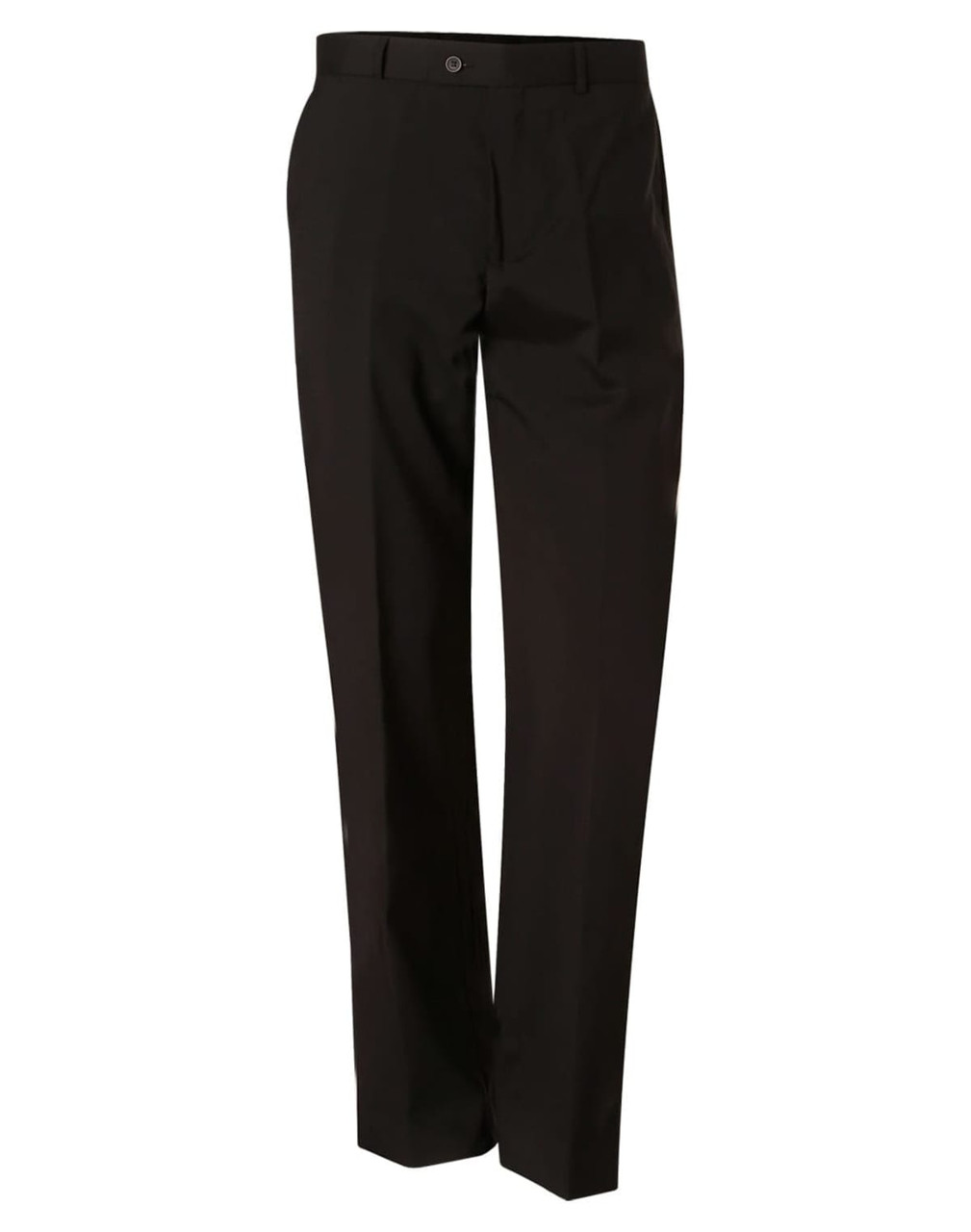 Men's stretch wool blend pants in black, featuring a straight leg design and a standard waistband with a logo.