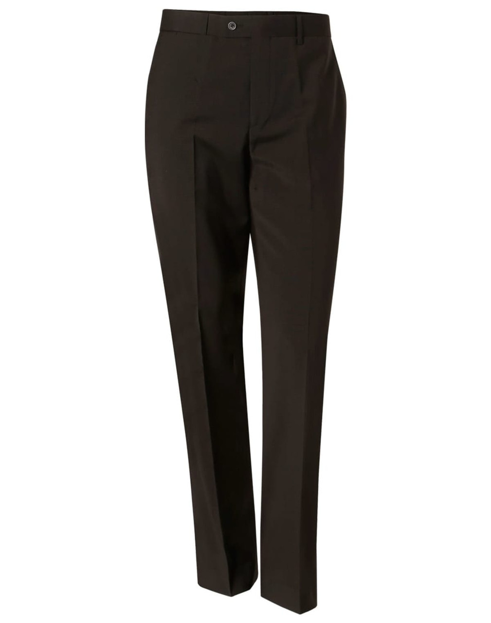 Men's stretch wool blend pants in a dark shade, featuring a button closure and slanted pockets. Includes branding.