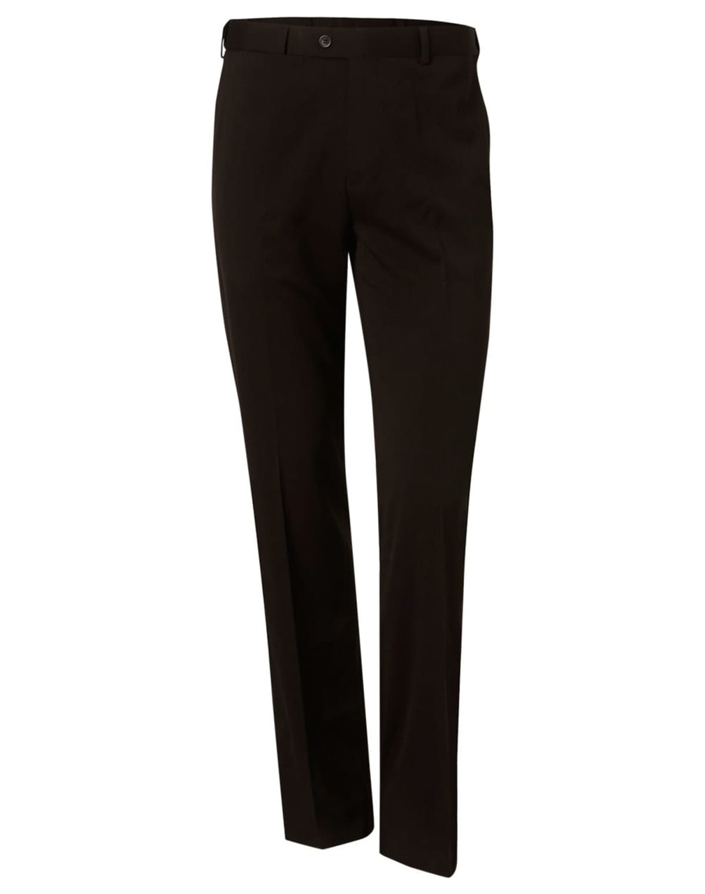Men's stretch wool blend pants in black, featuring a classic design and a waistband with a button closure, includes branding.
