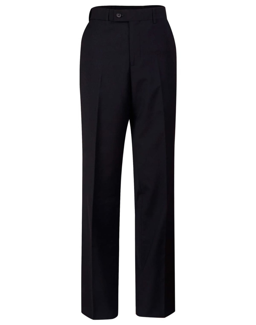 Men's black wool blend pants with a flexi waist, featuring a straight leg design and button closure.