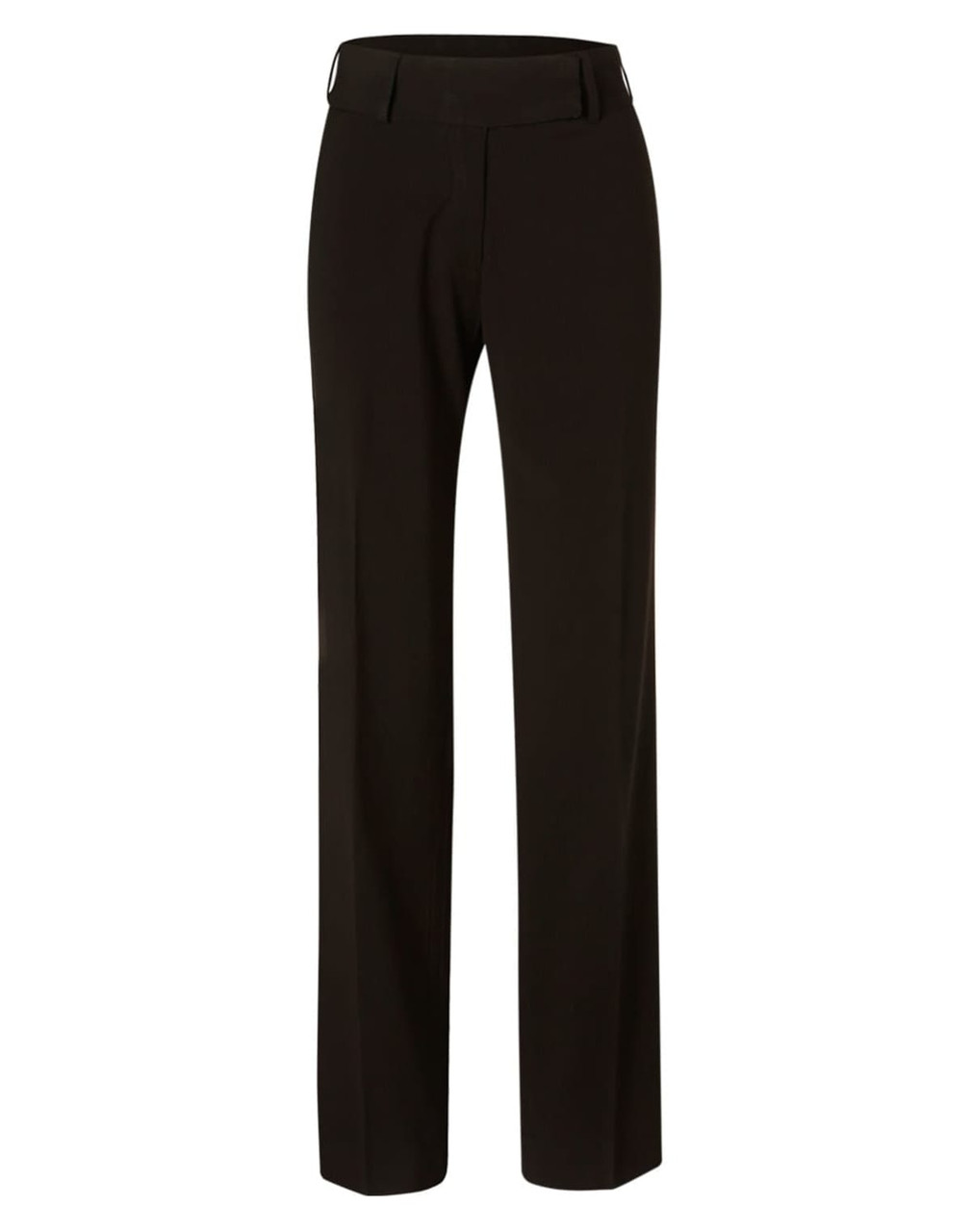 Women’s low rise pants in black poly/viscose stretch stripe with a clean design and a waistband. Features a logo.