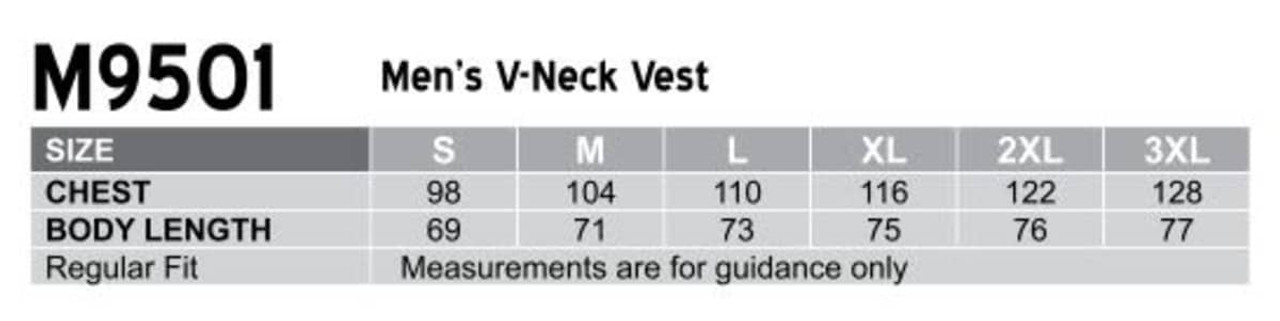 A size chart for a men's V-neck vest, displaying measurements for chest and body length in various sizes.