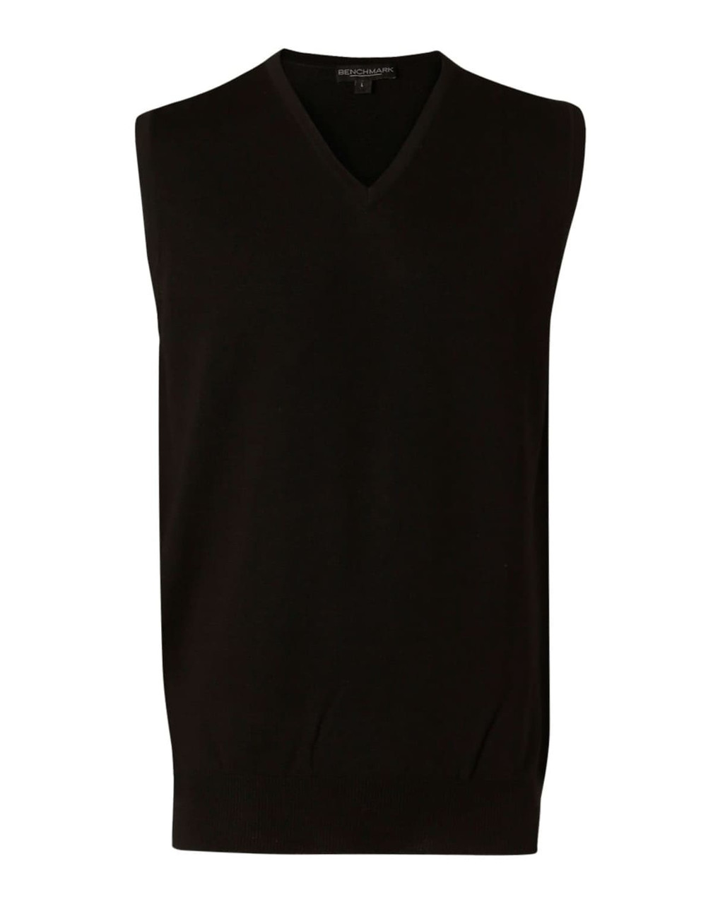 A black men's 100% Merino wool V-neck vest with a fitted design and a logo on the label.