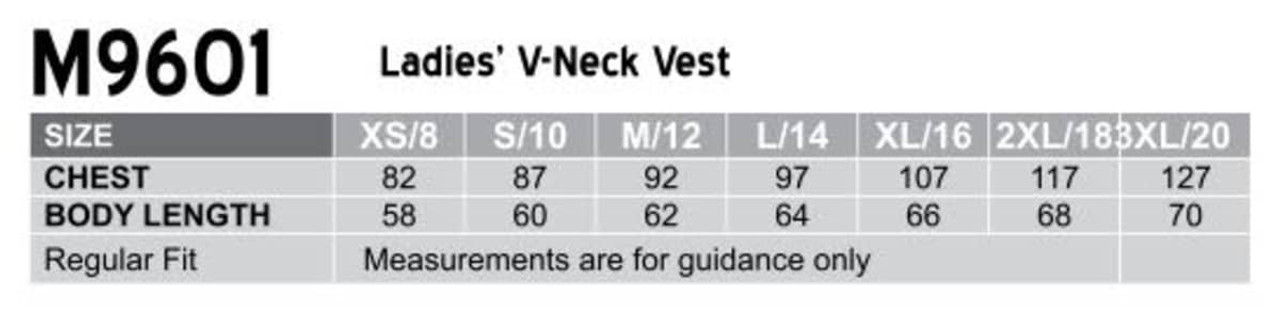 A table displaying size measurements for a Women's V-Neck Vest, including chest and body length dimensions in Australian sizing.