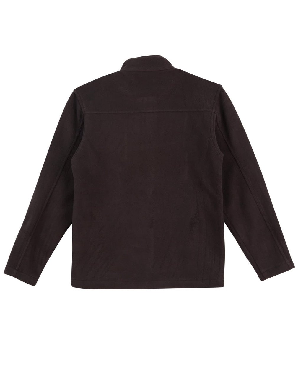 A brown polar fleece jacket featuring a full zip and long sleeves, with a collar and a logo.