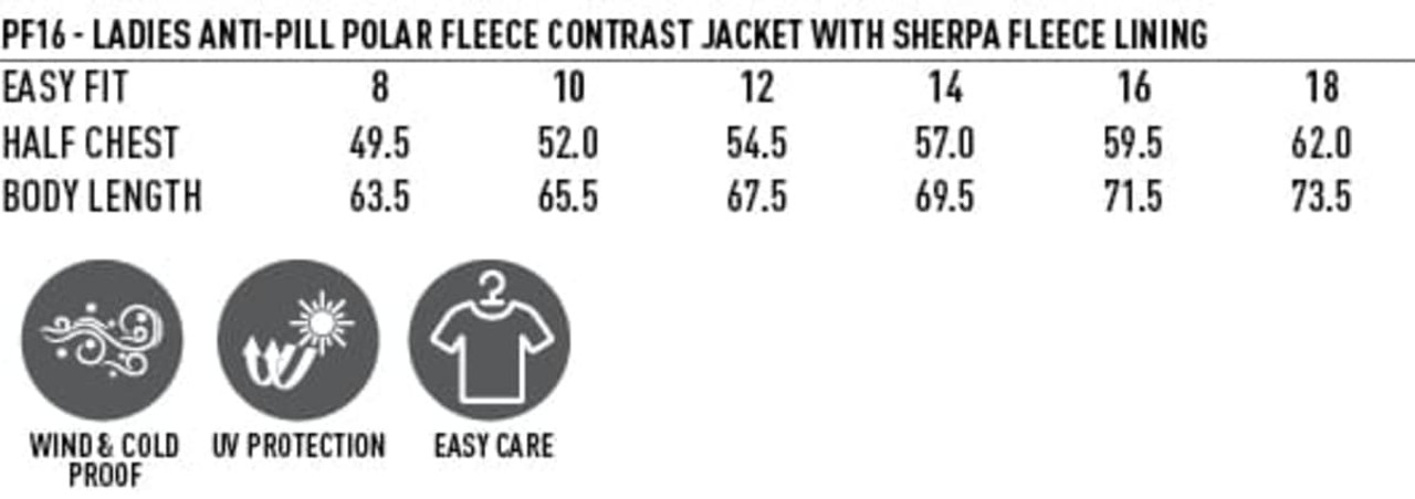 A ladies polar fleece jacket in various sizes, with a contrast design and sherpa fleece lining, featuring a logo.