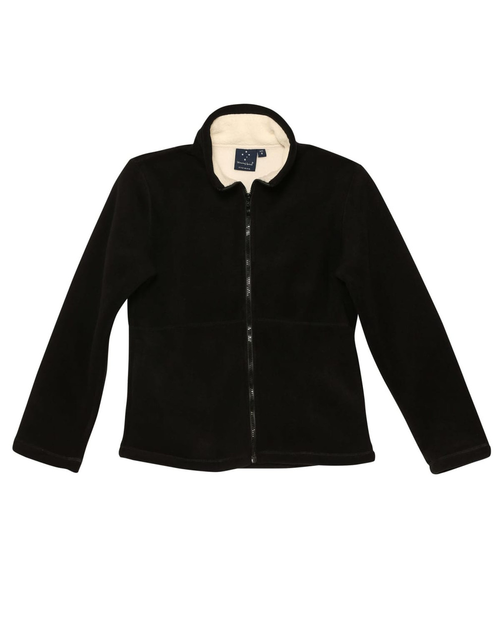 A black polar fleece jacket with a zip front and a soft inner lining, featuring a logo.
