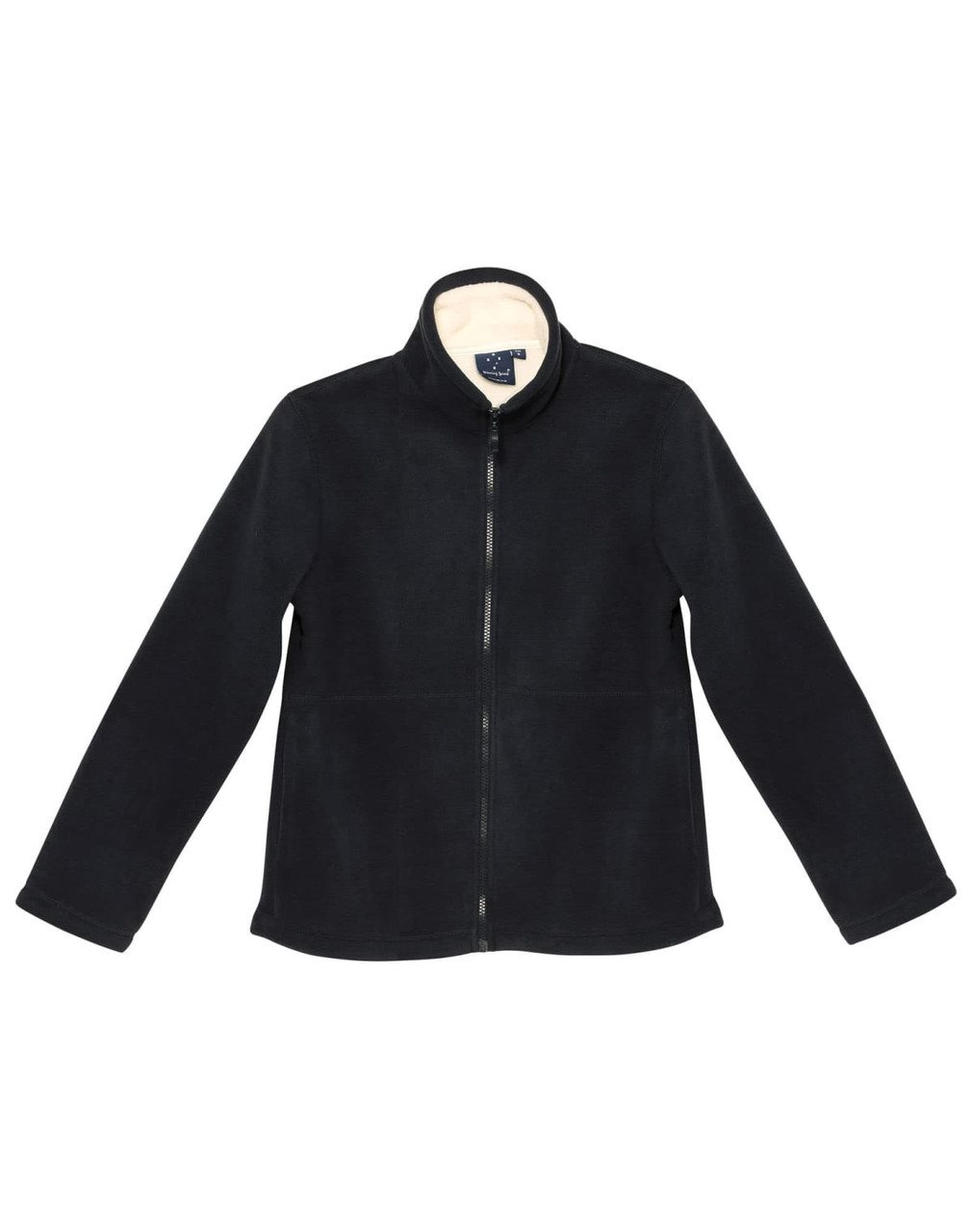 A black polar fleece jacket with a high collar and zip closure, featuring a logo on the inner side.