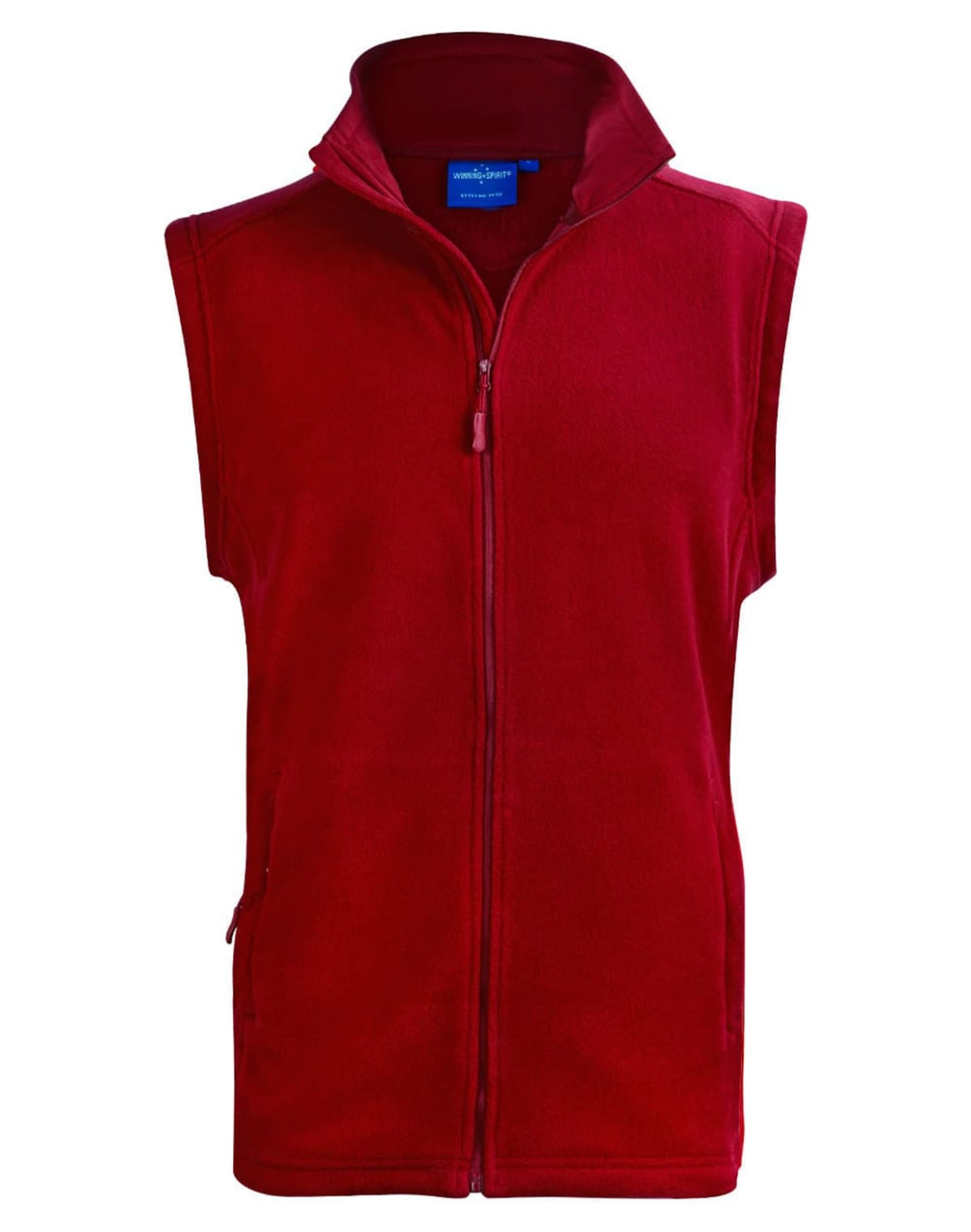 A red polar fleece vest with a zip front and a collar, featuring side pockets and a logo.