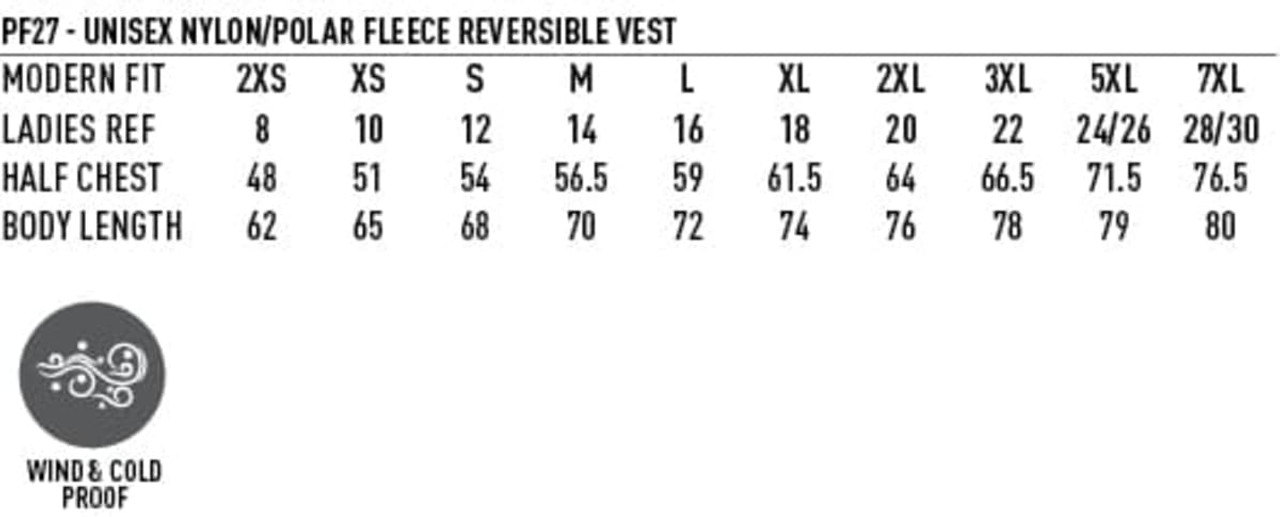 A size chart for a unisex reversible vest, displaying measurements for different sizes and a windproof feature.