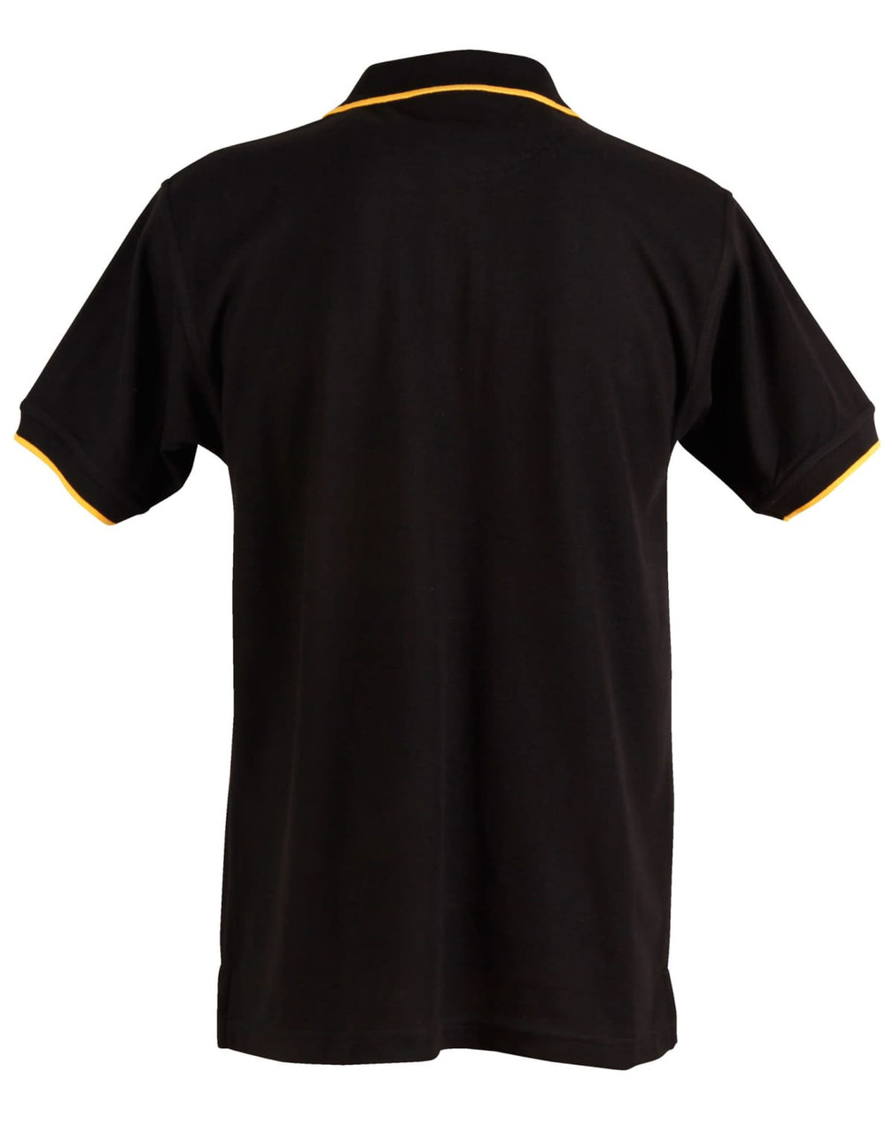 A black polo shirt with a yellow trim on the collar and sleeves, featuring a logo on the front.