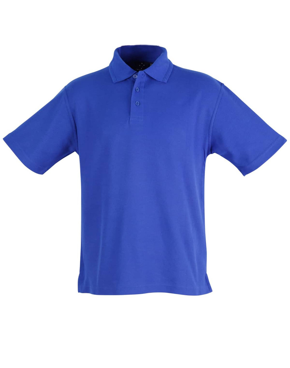 A unisex traditional polo shirt in vibrant blue with a collar and short sleeves, featuring a logo.