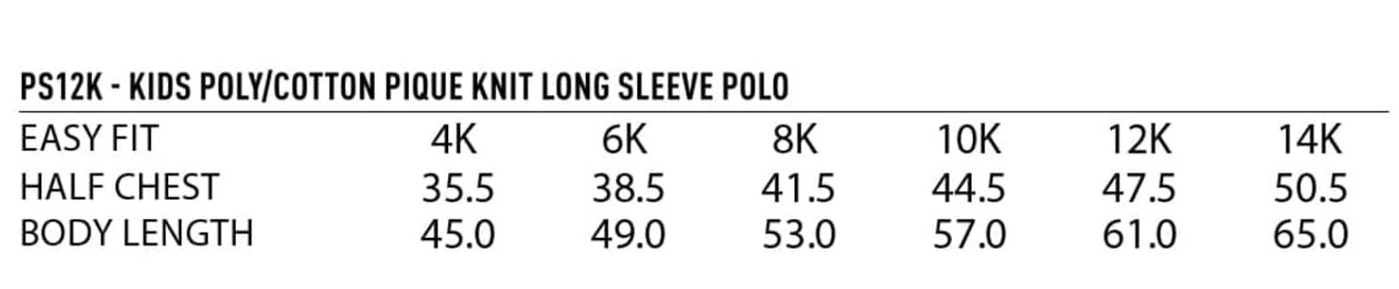 A table displaying the sizing details for Kids Traditional Poly/Cotton Pique Knit Long Sleeve Polo shirts, including measurements.