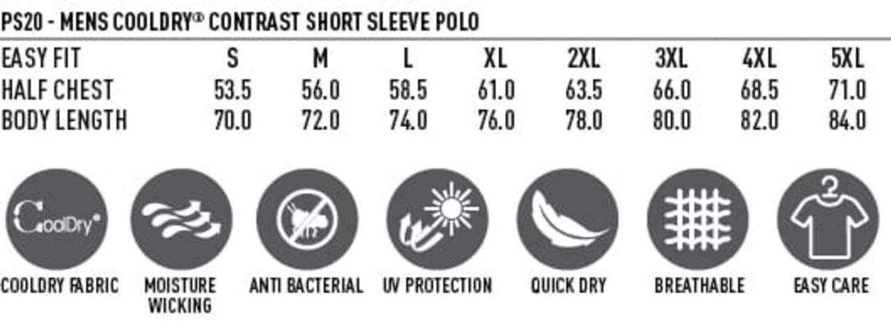 A men's polo shirt featuring contrast sleeves, available in various sizes, with fabric characteristics like moisture-wicking and UV protection.