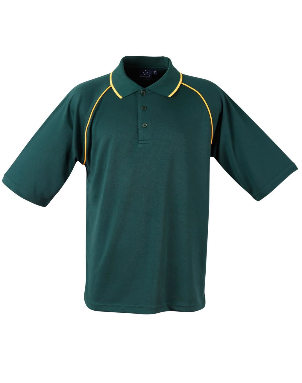A green polo shirt with yellow accents and a branding logo on the chest. Short sleeves and a classic collar design.