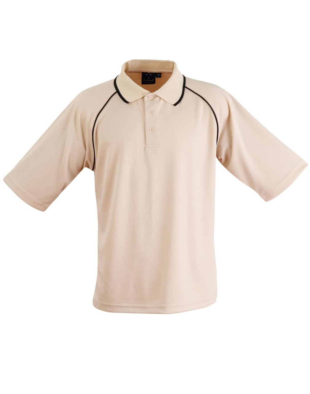 A beige polo shirt with black accents and a logo on the collar. Short sleeves and a button-up front.