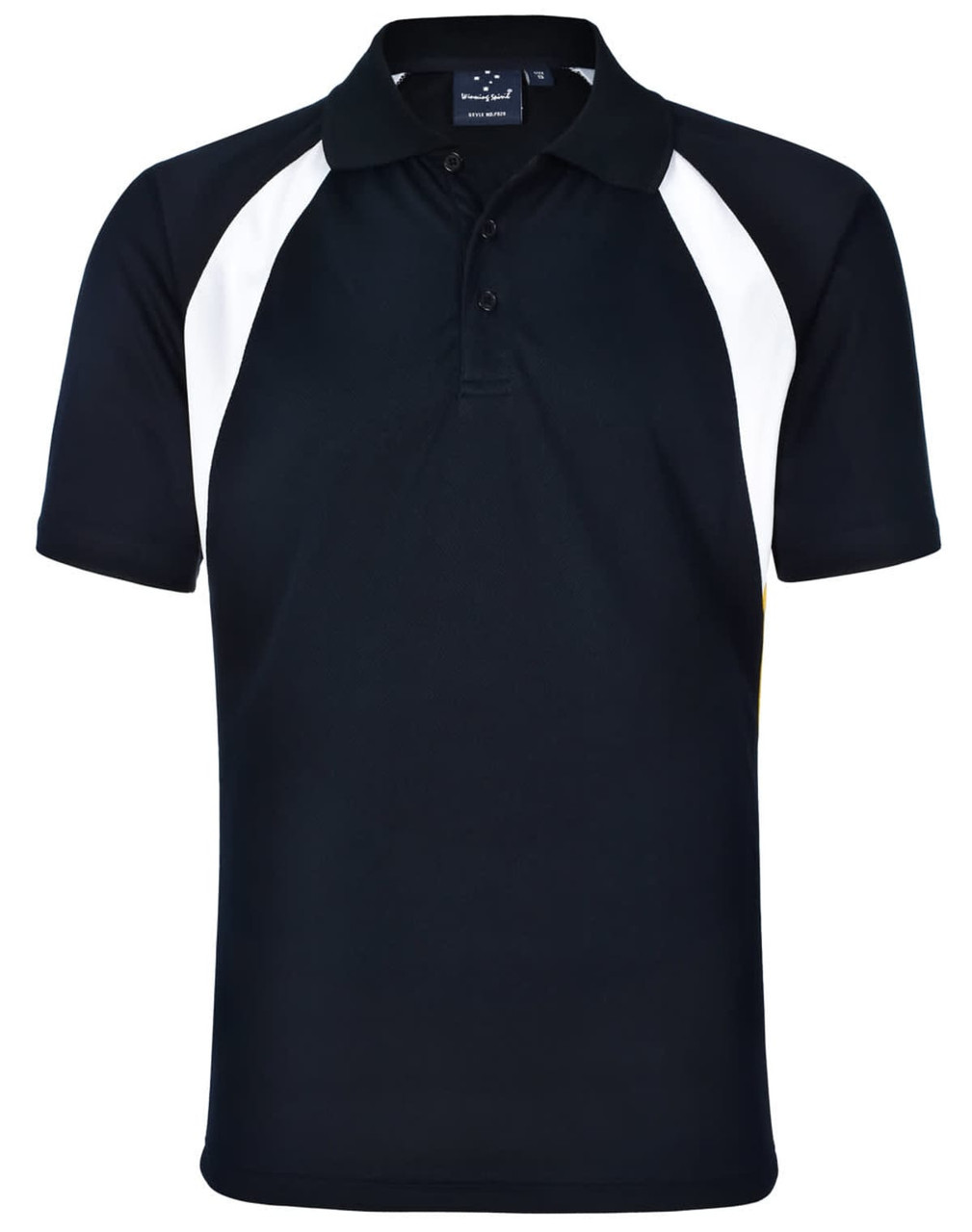 A black and white Men's Tri Sport Polo shirt with a logo on the chest and short sleeves.