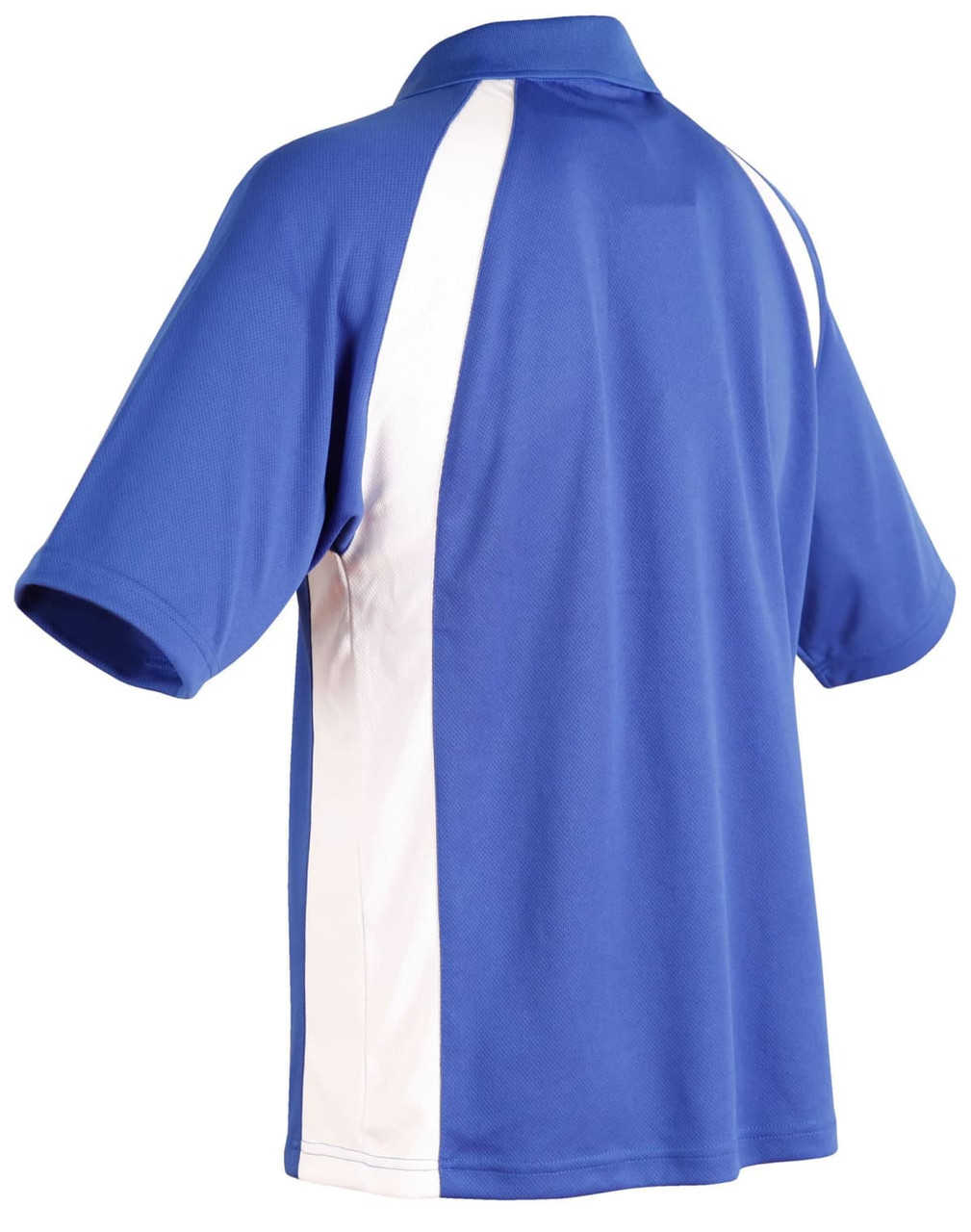 A blue men's polo shirt with white side panels and a collar, featuring a logo on the chest area.