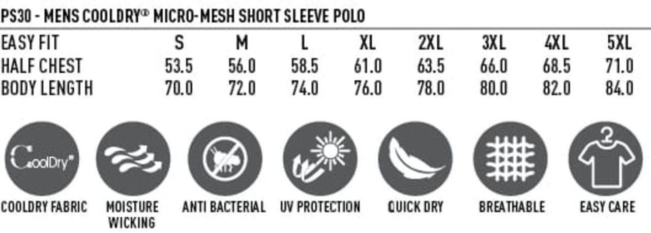 A grey men's polo shirt with short sleeves, featuring a logo and details about fabric qualities and sizing.