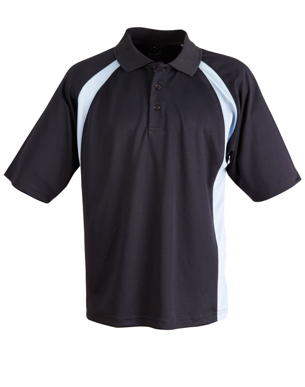 A black and light blue men's polo shirt with a collar and short sleeves, featuring a logo on the chest.