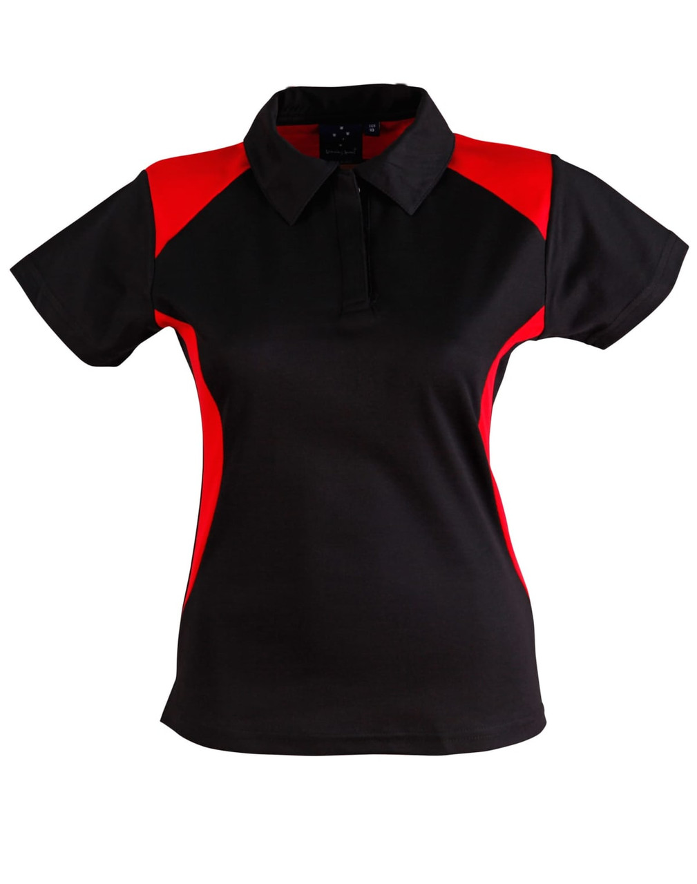 A black polo shirt with red accents, featuring a collar and short sleeves. It includes a logo on the chest.