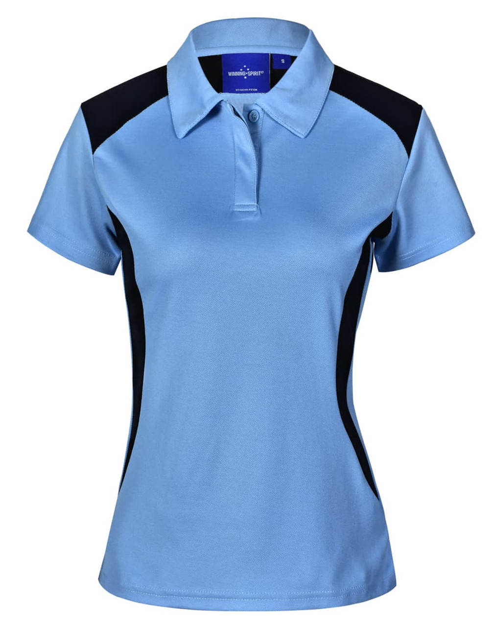A light blue ladies' polo shirt with black side panels and a collar. It features a branded logo on the neckline.