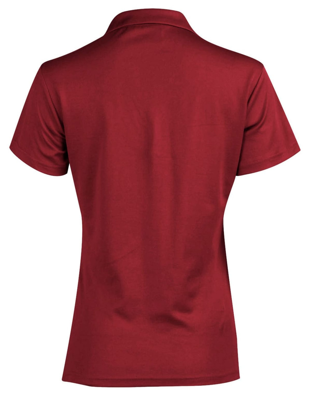A maroon short sleeve polo shirt with a collar and a logo on the back.