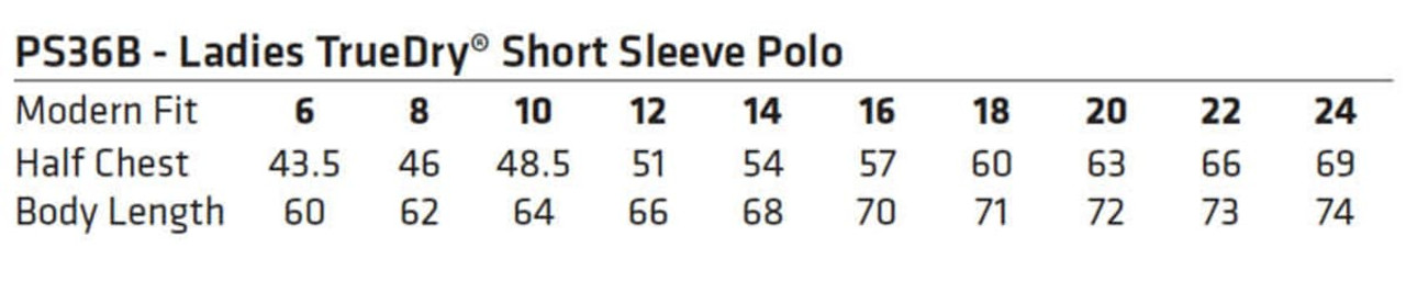 A size chart for the Ladies' TrueDry® Short Sleeve Polo, displaying measurements for various sizes.