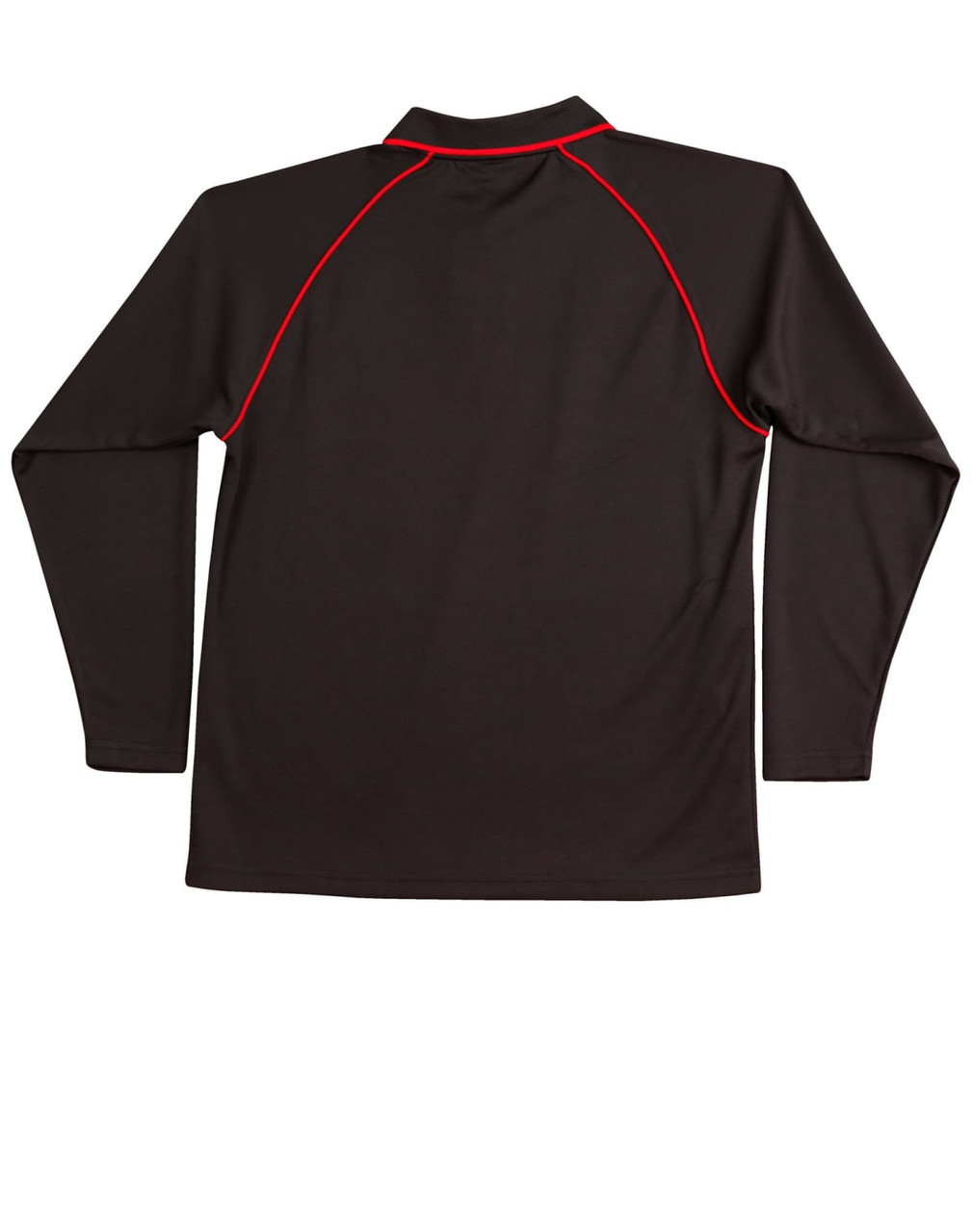 A black long-sleeve polo shirt with red accents and a collar, featuring a logo.