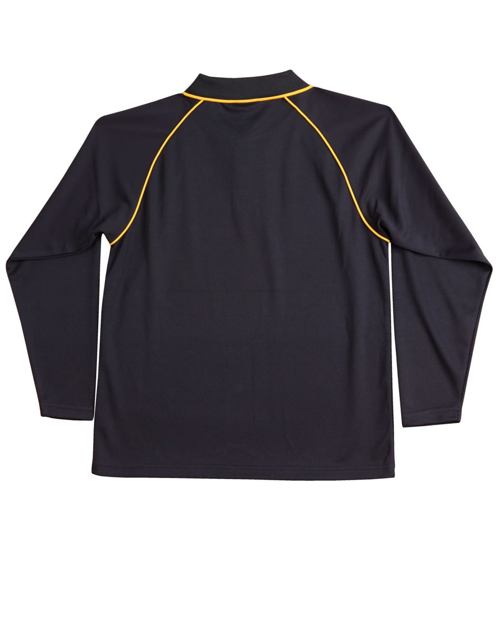 A black long-sleeve polo shirt featuring yellow contrast stitching and a collar. It has a logo on the back.