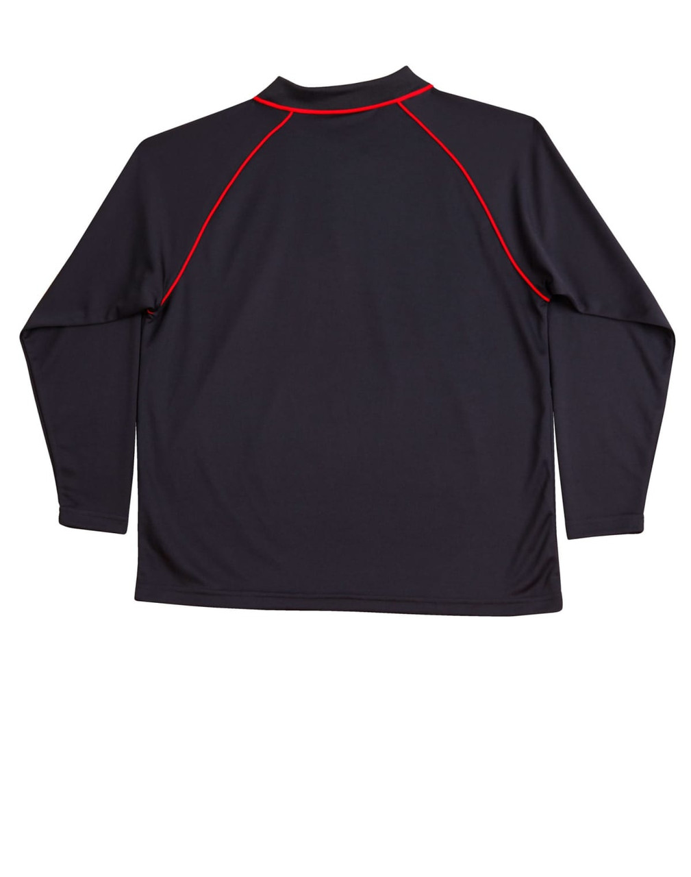 A black long-sleeve polo shirt featuring red raglan stitching and a logo on the back.