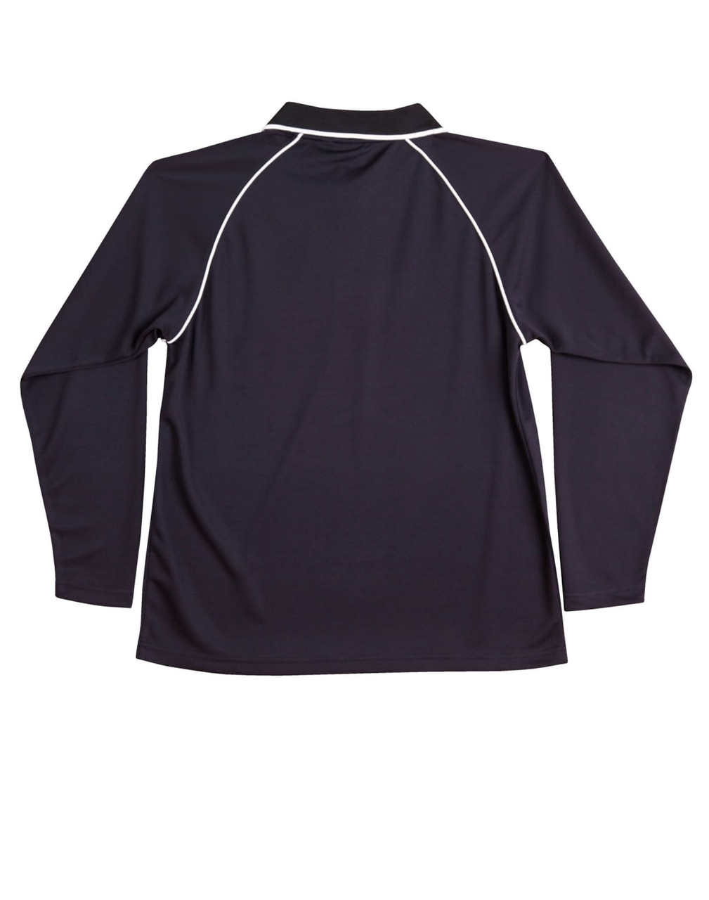 A black long-sleeve polo shirt with raglan sleeves and white piping detail. The shirt features a logo.