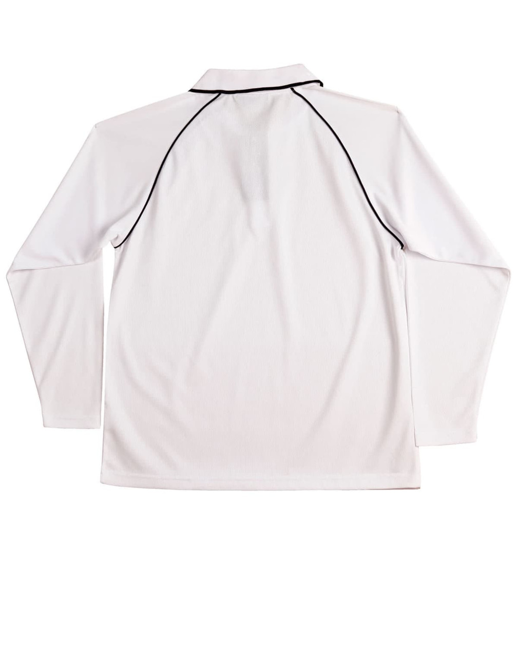 A white long-sleeve polo shirt with raglan sleeves, featuring black piping and a logo on the back.