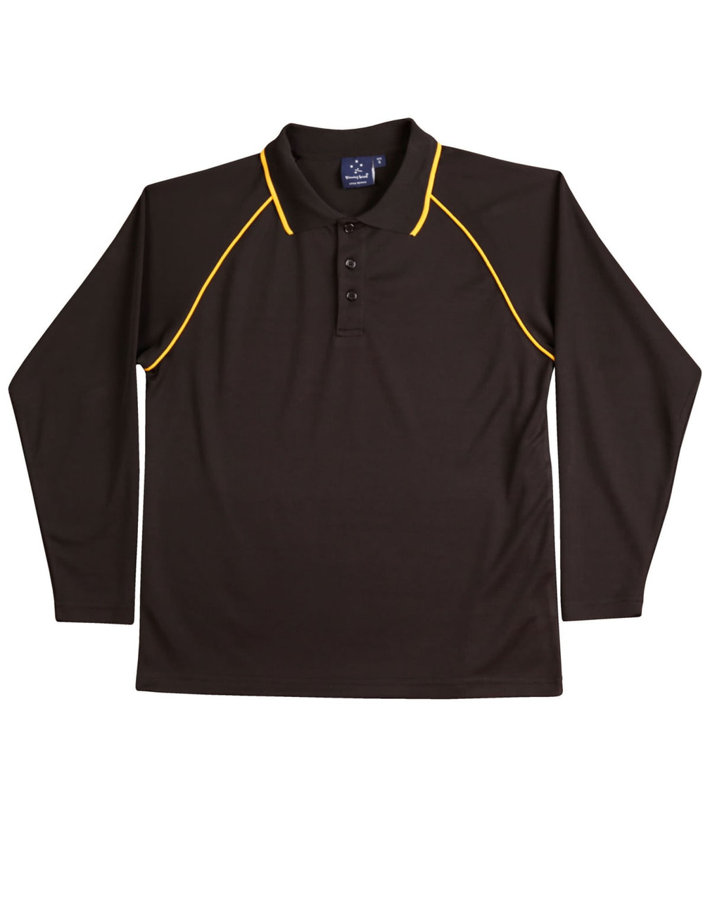 A brown long-sleeve polo shirt with yellow piping and a branding logo. Suitable for kids.