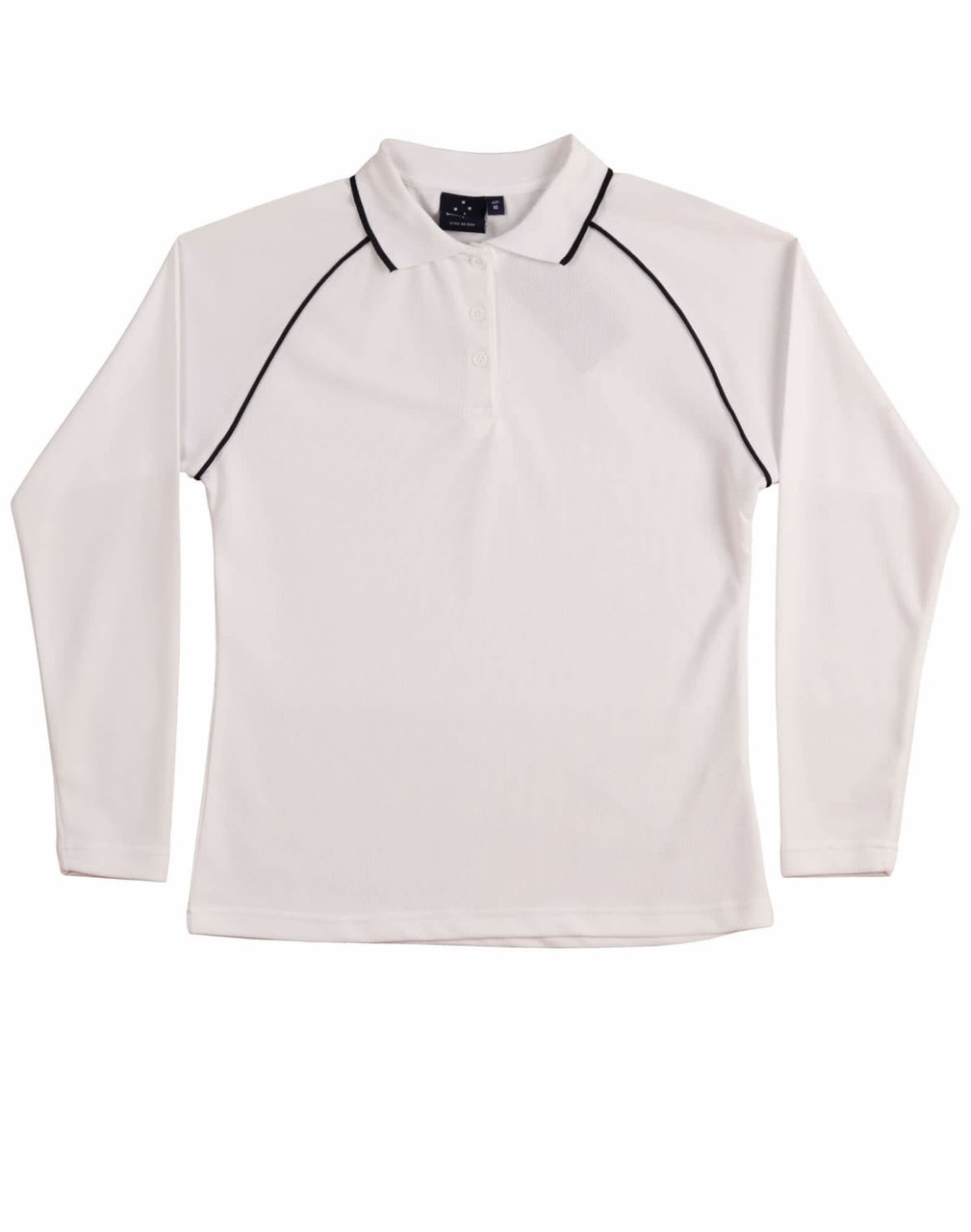 A long-sleeve white polo shirt featuring black piping and a logo on the collar.