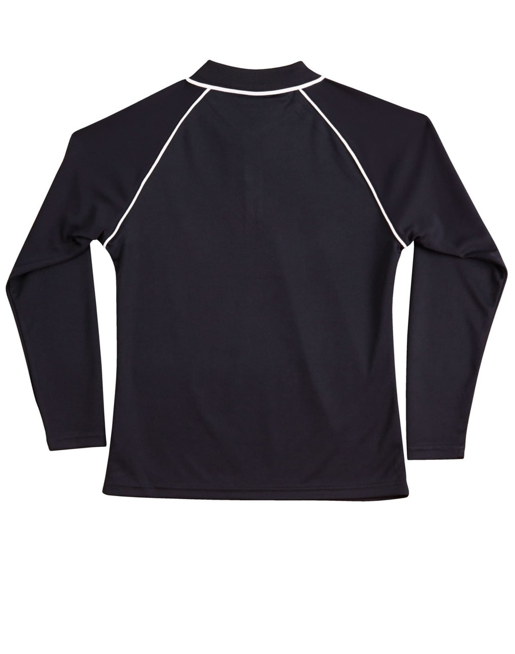A black ladies' long-sleeve polo shirt with white piping and a collar, featuring a logo on the back.