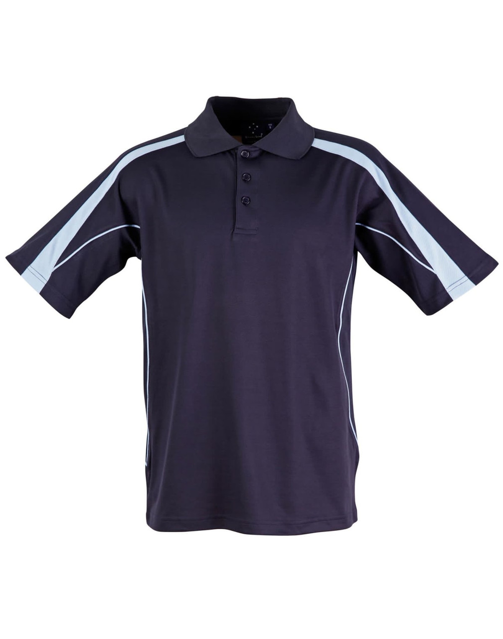 A navy blue polo shirt with light blue accents and a collar, featuring buttons and a logo.