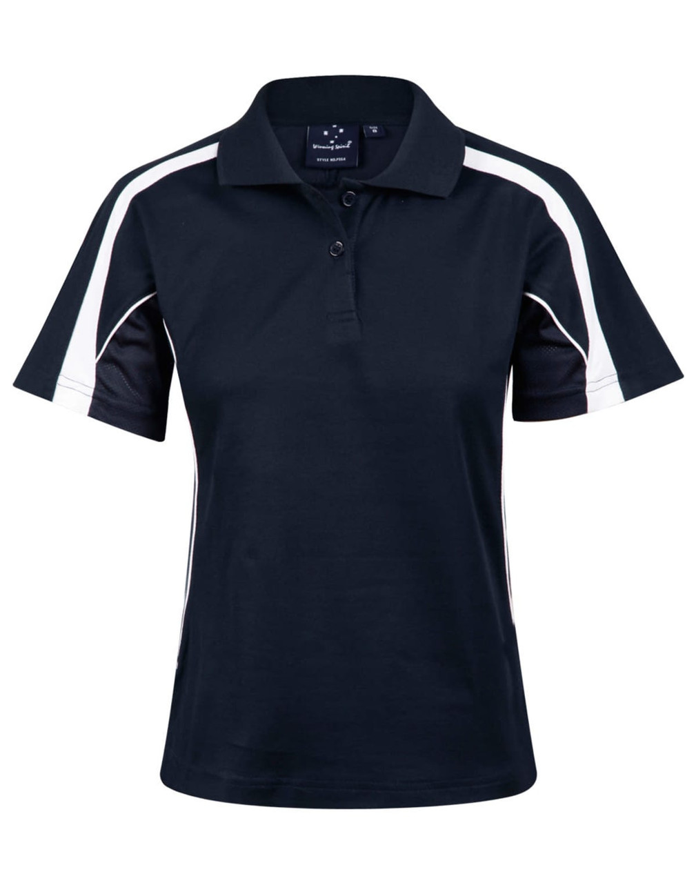 A navy blue polo shirt with short sleeves, featuring contrasting white side panels and a logo.
