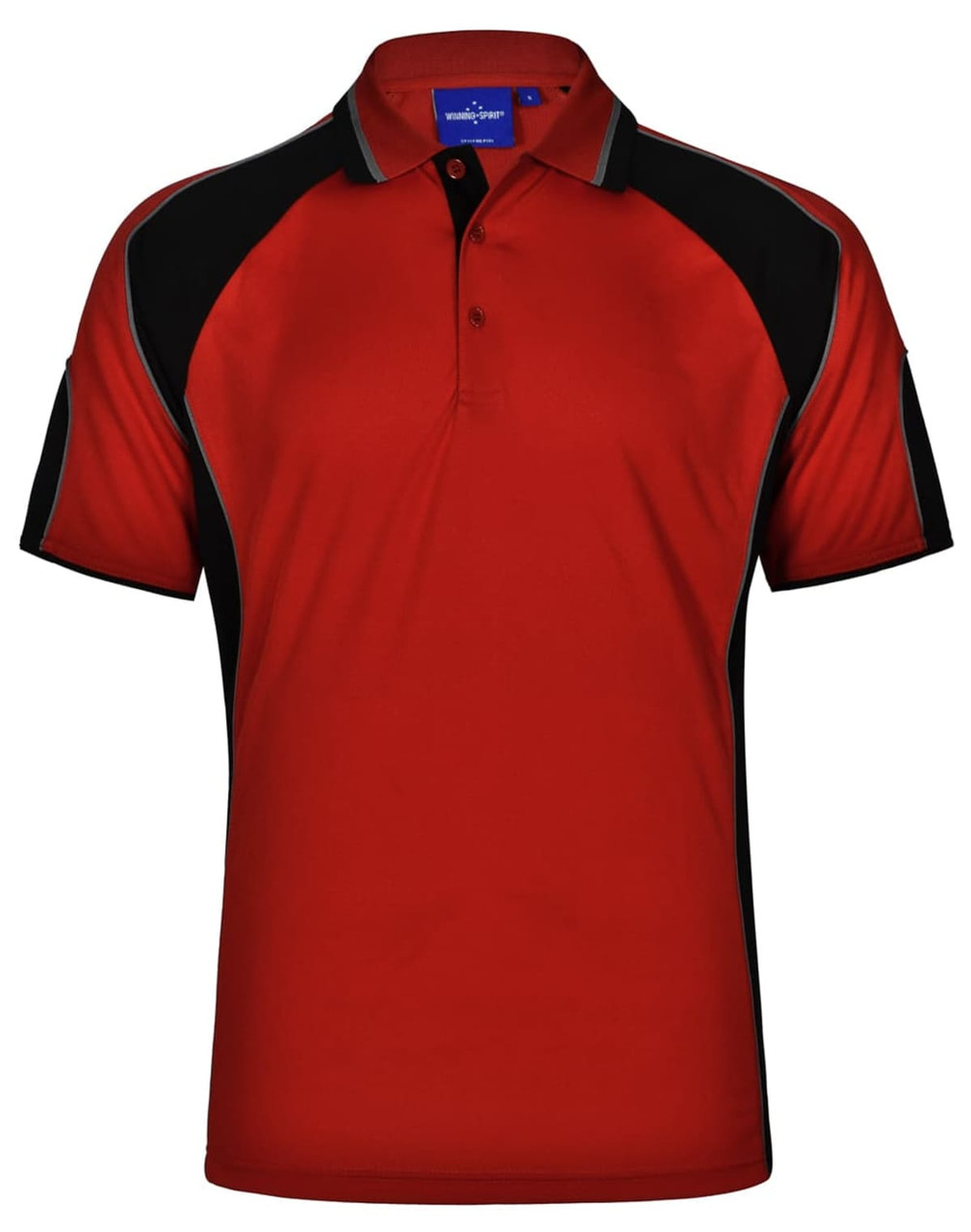 A red polo shirt with black accents, featuring a collar and a logo on the upper part.