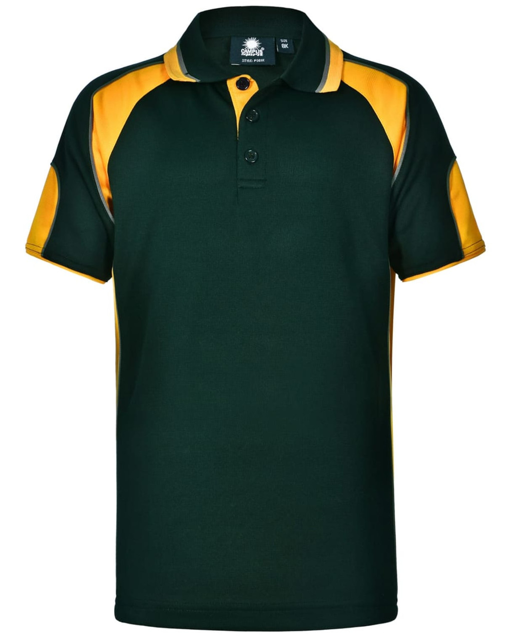 A green and yellow kid's polo shirt with a collar and two buttons, featuring a logo on the left side.