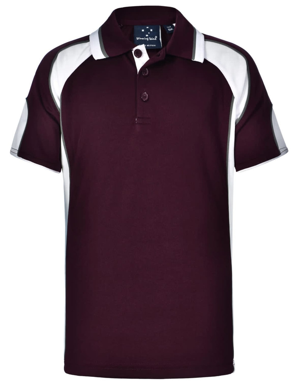 A maroon polo shirt with white accents and a logo on the chest. Features a classic collar and buttons.