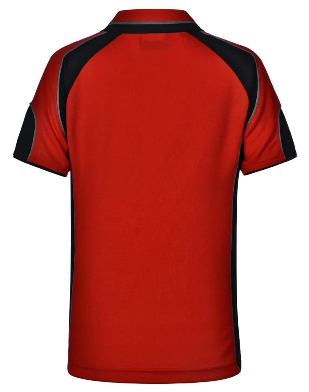 A red polo shirt with black accents, featuring a logo on the back and a classic collar design.