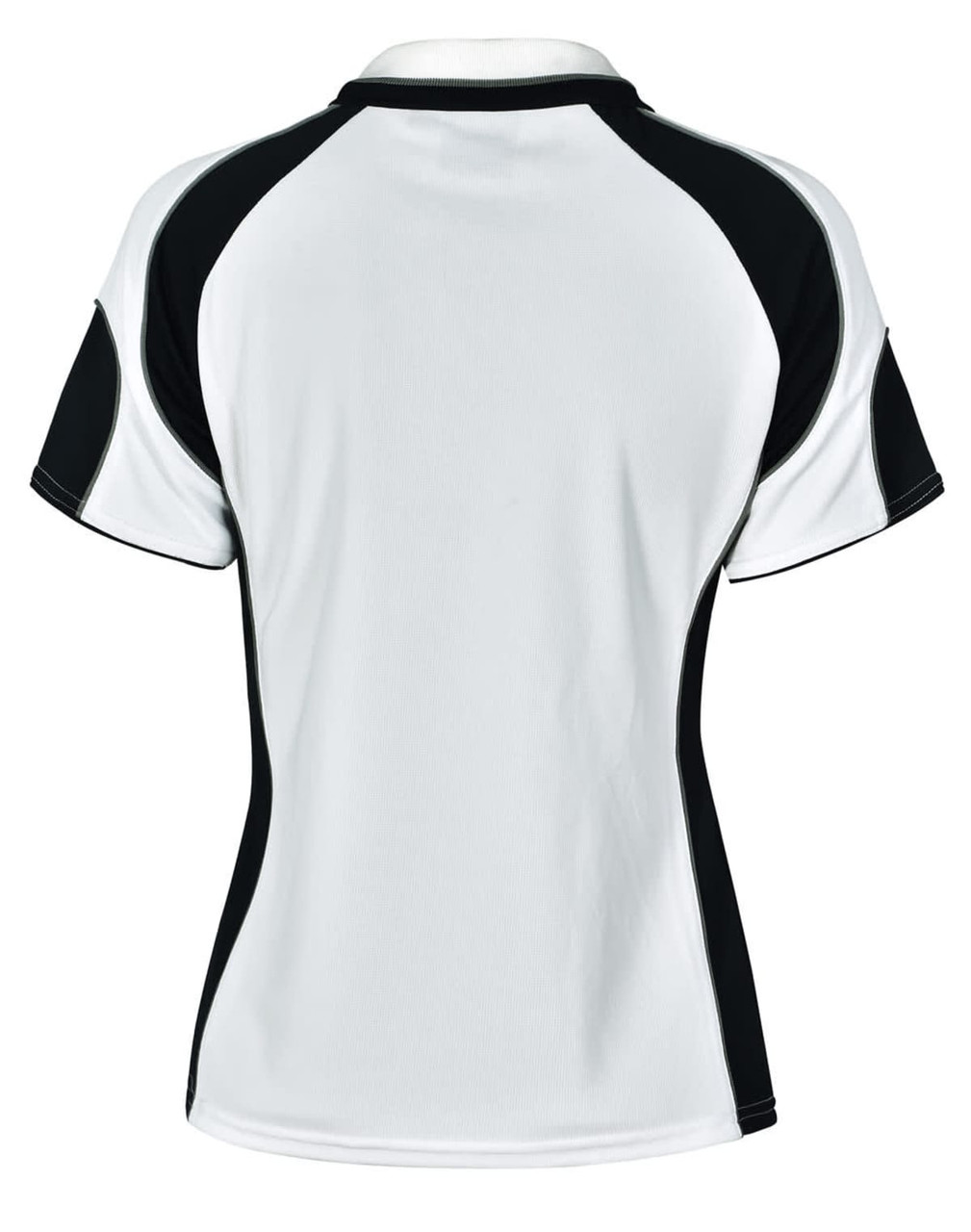 A white ladies' polo shirt with black accents and a logo on the back.