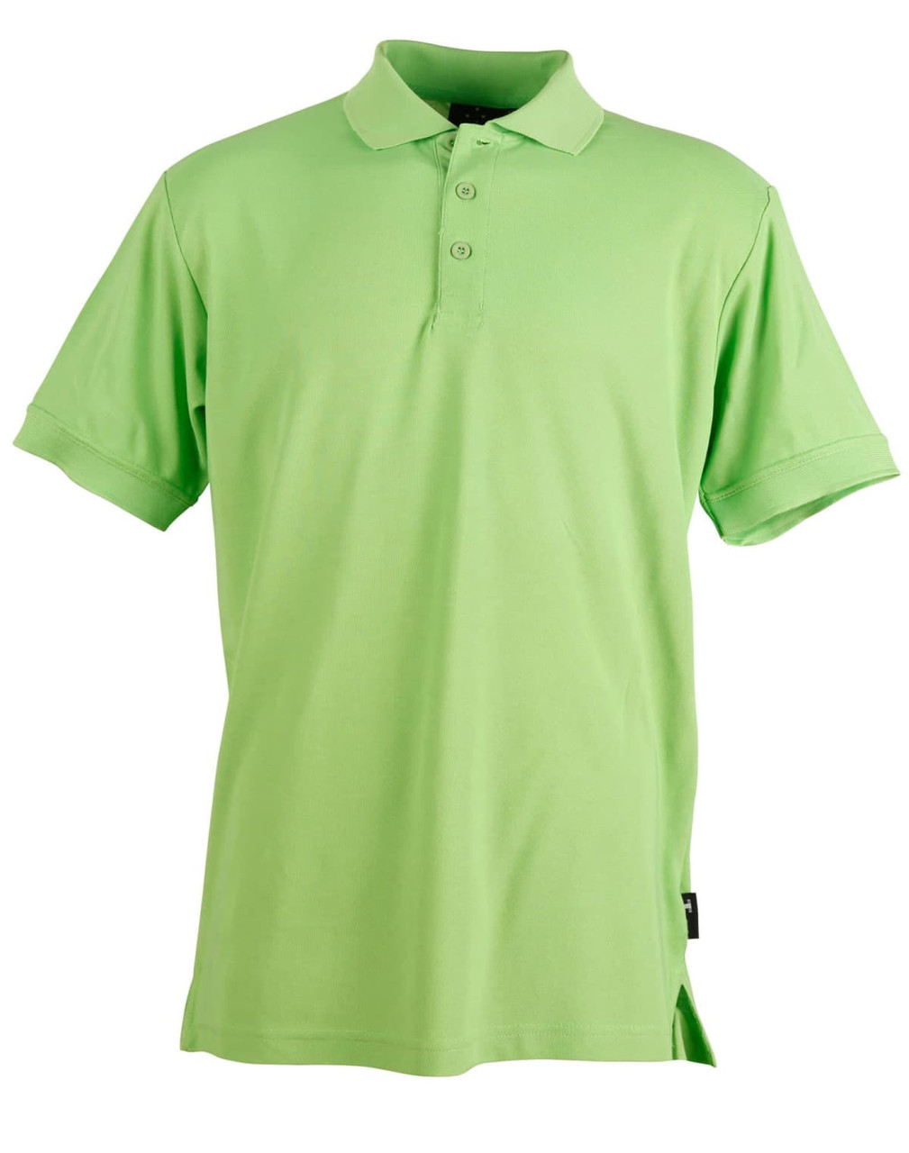 A green men's polo shirt featuring a collar and three buttons, with a logo on the side.
