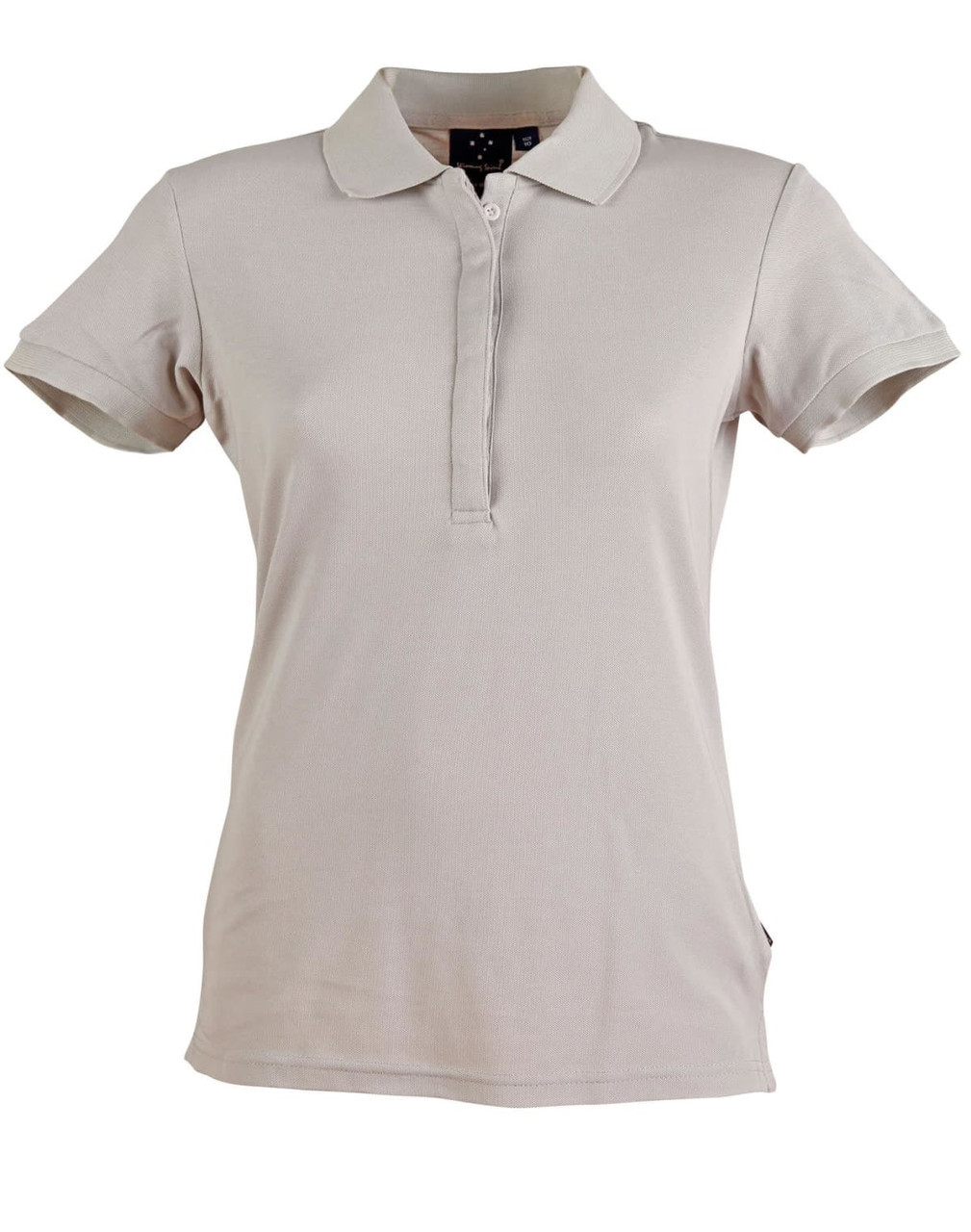 A light beige ladies' polo shirt with a collar and short sleeves, featuring a small logo.