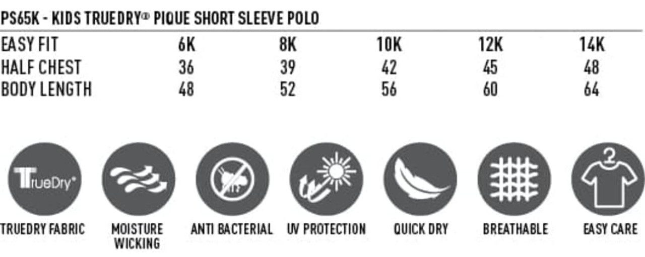 A kids' short sleeve polo shirt in various sizes, featuring a breathable pique fabric and a logo.