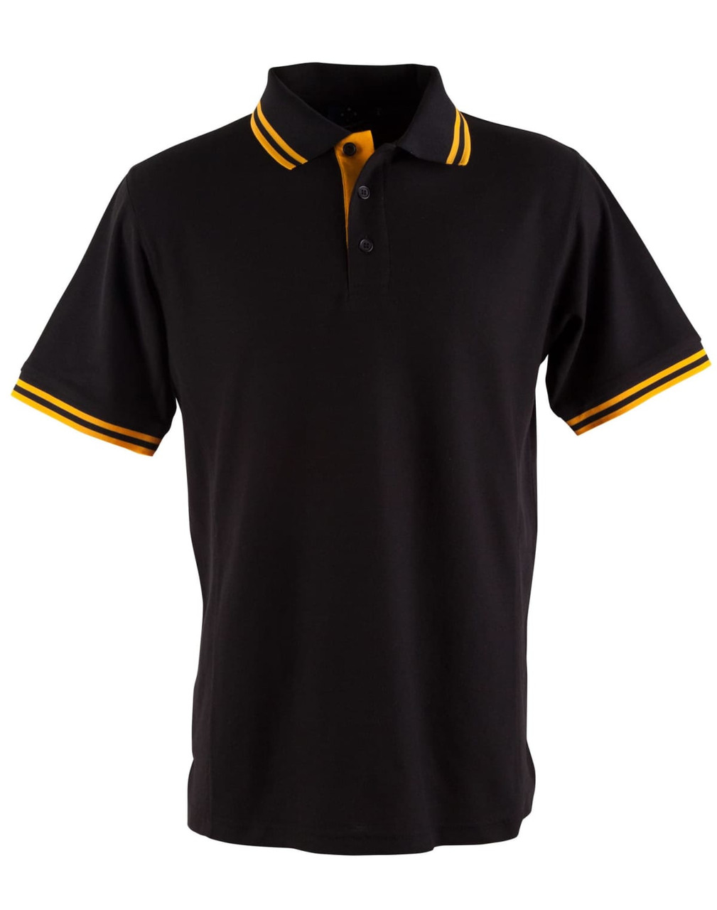 A black polo shirt with yellow striped accents on the collar and sleeves, featuring a logo on the chest.