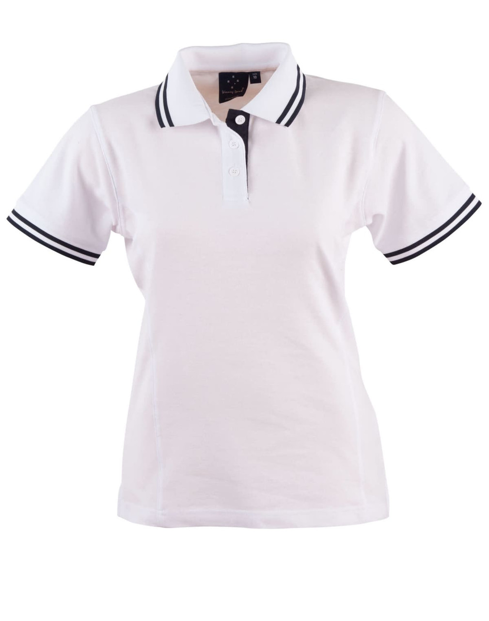 A white ladies' polo shirt with black stripes on the collar and sleeves, featuring a logo.